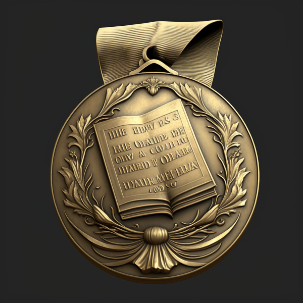 A medal with a book engraved on it
