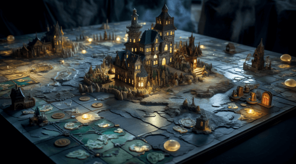 A boardgame with a spooky fairytale castle in the centre of the board